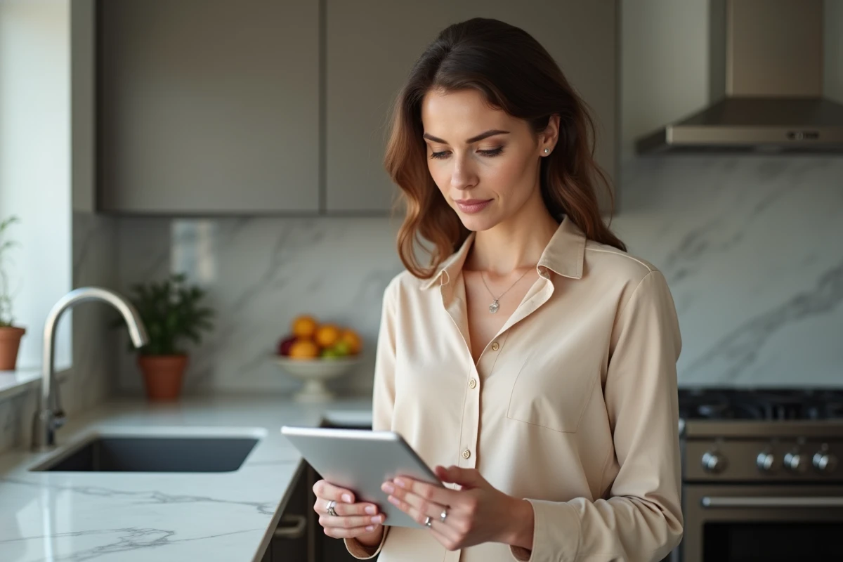 Femme vérifiant ses emails sur une tablette dans la cuisine moderne