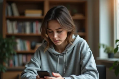 Jeune femme consultant discrètement son smartphone pour gérer un deuxième compte Instagram depuis son appartement