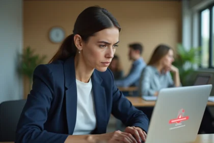 Femme professionnelle frustrée face à un message d'erreur de connexion sur son ordinateur portable au bureau