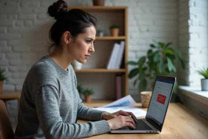 Femme frustrée face à une erreur de connexion email sur son ordinateur portable à domicile