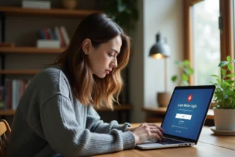 Femme frustrée devant son ordinateur portable affichant une erreur de connexion Facebook Messenger