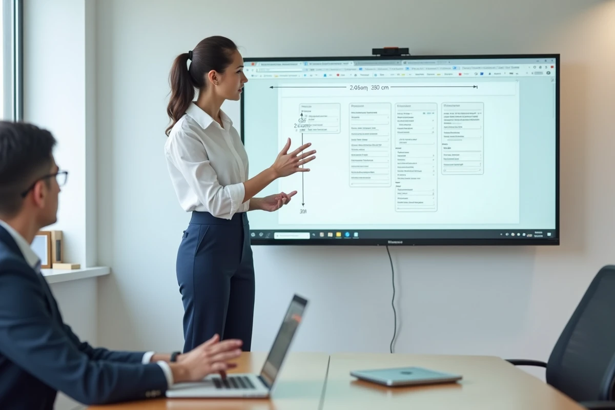 Femme en réunion expliquant des maquettes UI sur un grand écran