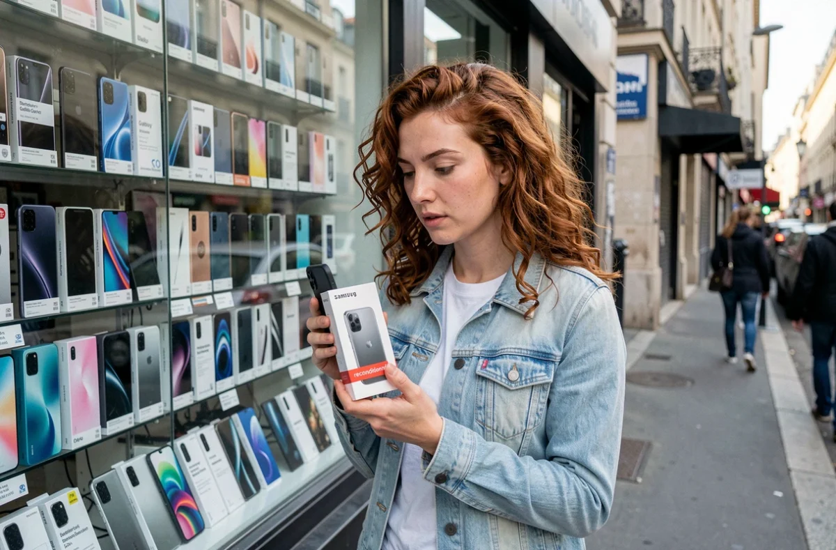 Femme comparant un Galaxy S23 reconditionné devant une boutique de smartphones d'occasion