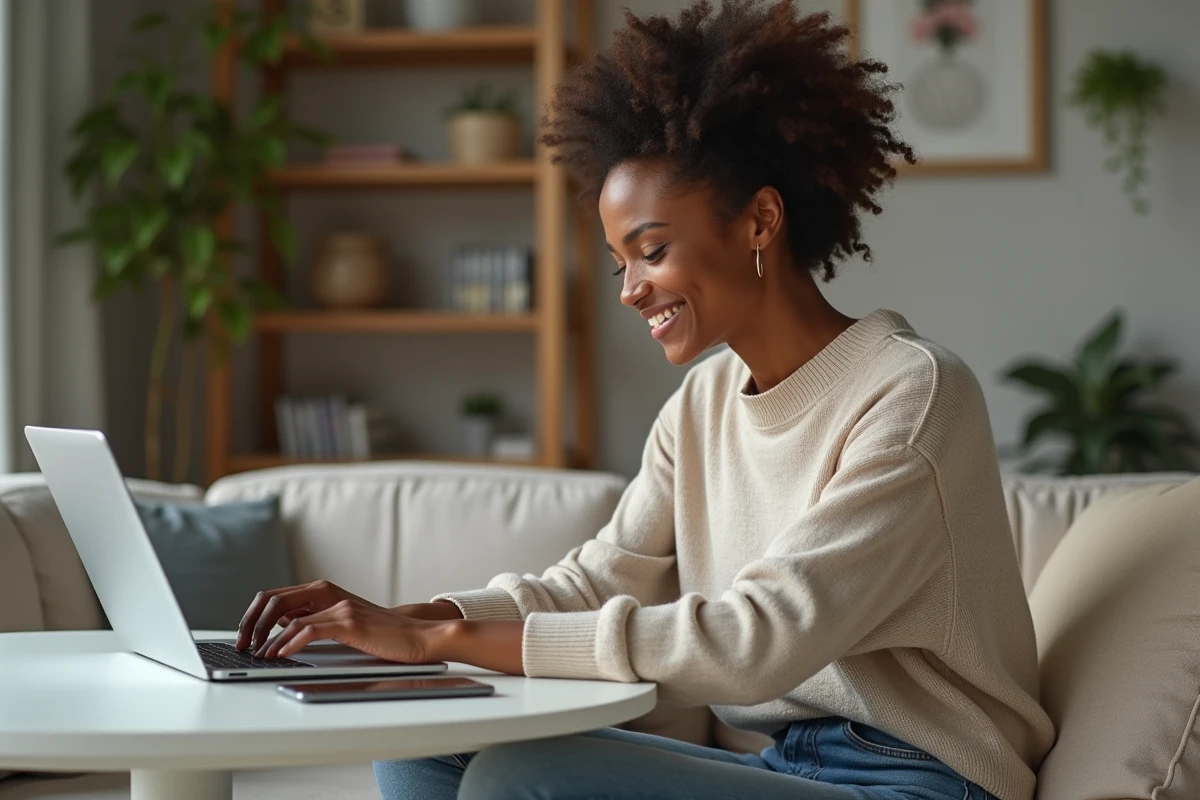 Femme souriante utilisant Instagram Stories sur un ordinateur portable