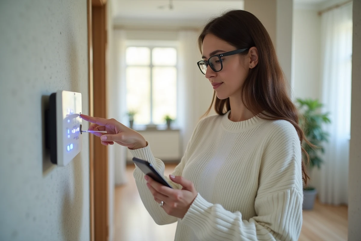 Jeune femme pointant le box internet fibre dans un couloir