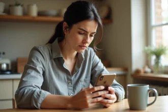 Femme consultant son iPhone à la recherche de photos supprimées définitivement, assise dans une cuisine moderne