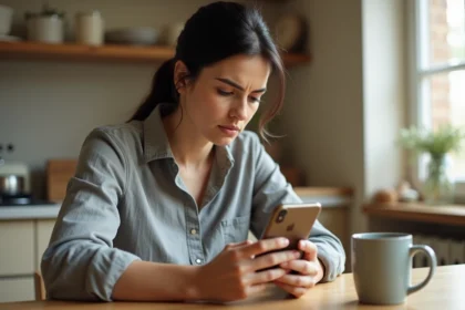 Femme consultant son iPhone à la recherche de photos supprimées définitivement, assise dans une cuisine moderne