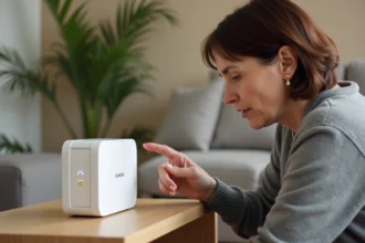 Femme examinant le voyant blanc clignotant d'une Livebox posée sur une étagère dans un salon moderne