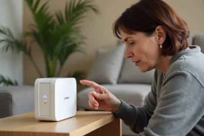 Femme examinant le voyant blanc clignotant d'une Livebox posée sur une étagère dans un salon moderne