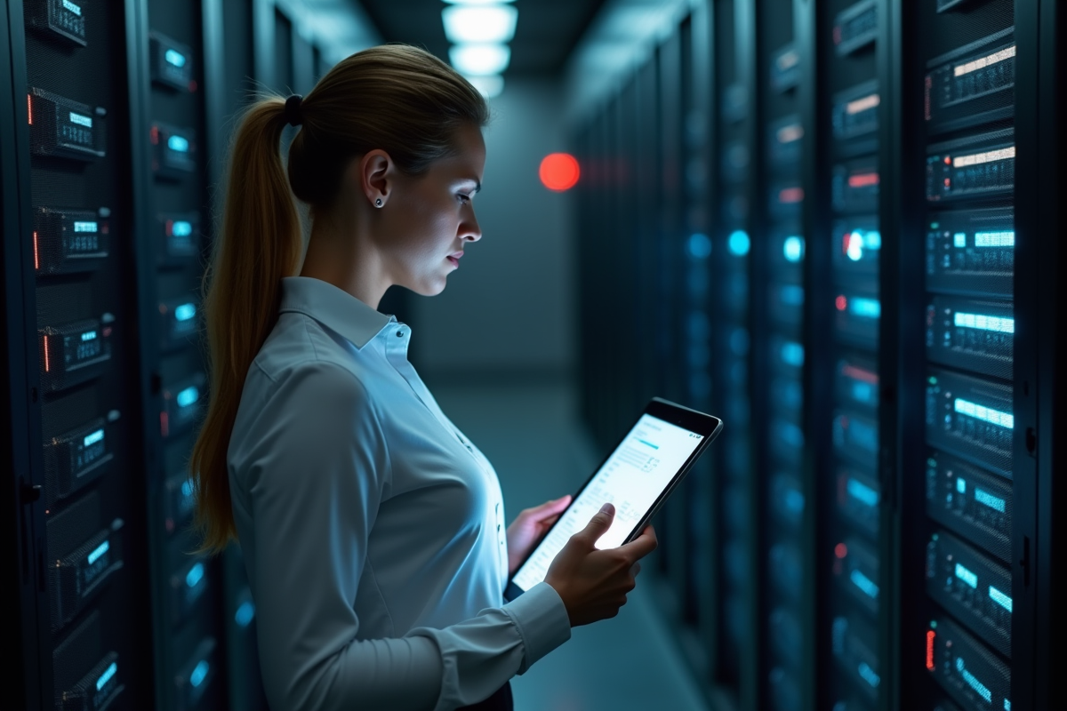 Femme en entreprise surveillant un reseau de serveurs
