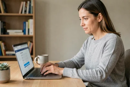 Femme consultant les mots de passe enregistrés dans son navigateur Chrome sur un ordinateur portable, dans un bureau à domicile moderne