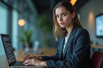 Femme concentrée utilisant un ordinateur avec code blockchain