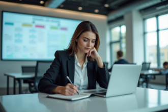 Femme professionnelle en bureau moderne et lumineux