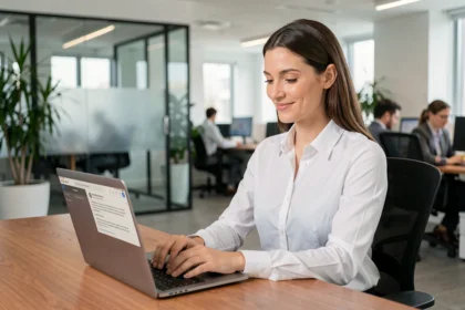 Femme professionnelle consultant son adresse email pro sur un ordinateur portable dans un bureau moderne
