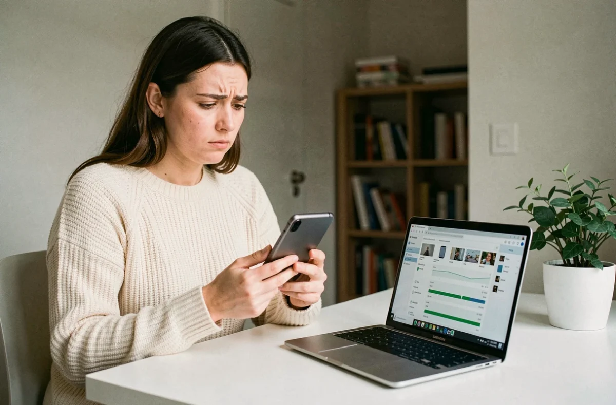 Femme inquiète tentant de récupérer des données sur un Samsung Galaxy Z Flip 4 à écran noir grâce à un logiciel de récupération sur ordinateur portable