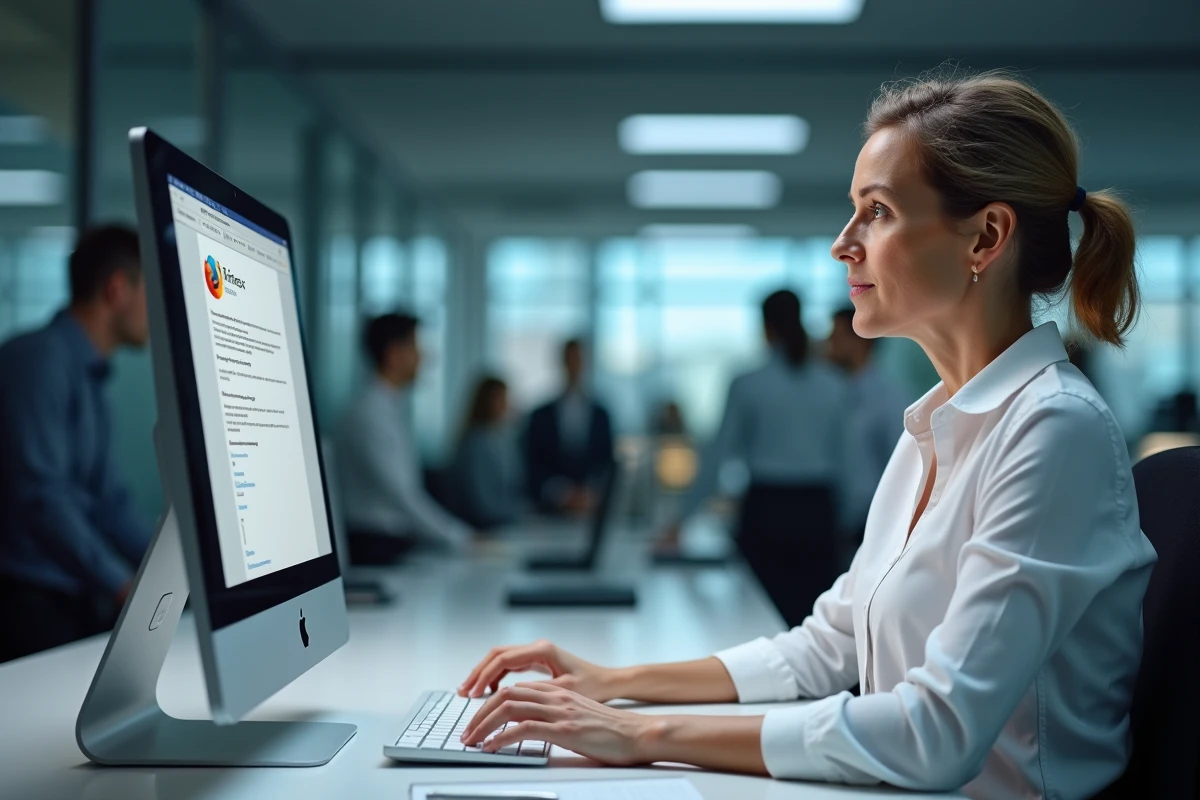 Femme récupérant ses marques pages Firefox perdus sur un ordinateur de bureau en open space