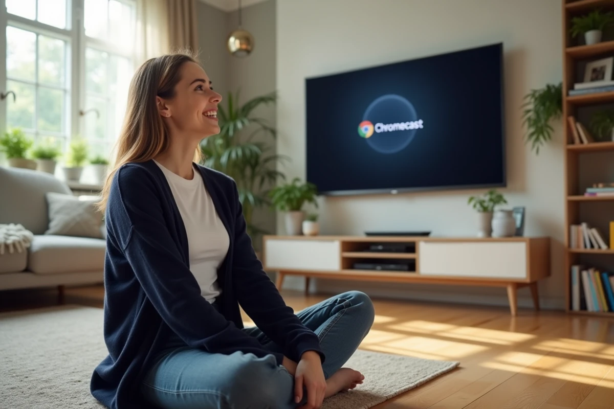 Femme souriante regardant la télévision dans un salon lumineux