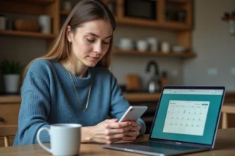 Jeune femme utilisant son smartphone pour programmer un message WhatsApp