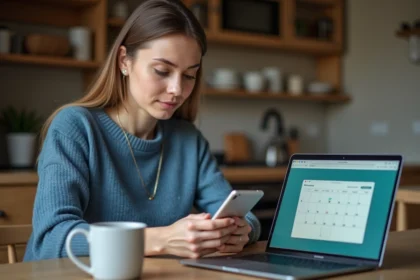 Jeune femme utilisant son smartphone pour programmer un message WhatsApp