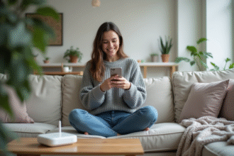 Jeune femme souriante avec smartphone dans un salon moderne