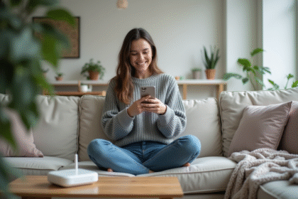 Jeune femme souriante avec smartphone dans un salon moderne