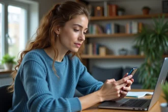 Jeune femme regardant son smartphone avec notification WhatsApp