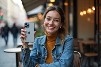 Femme souriante avec iPhone 14 dans un café urbain