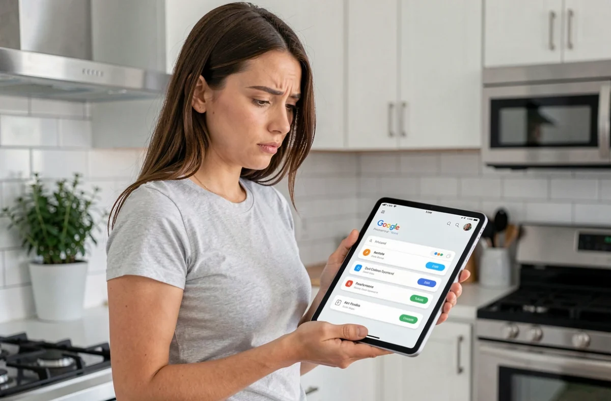 Femme consultant le tableau de bord vie privée de Google sur une tablette dans sa cuisine