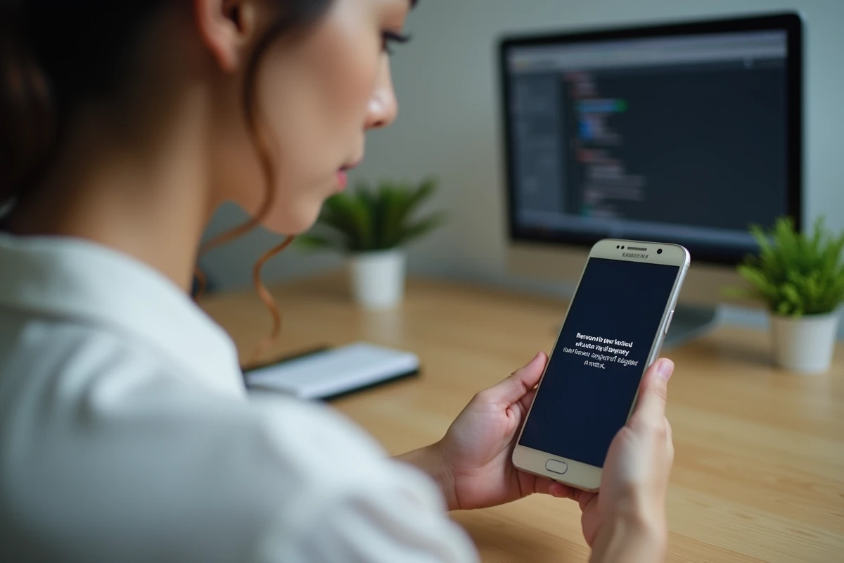 Femme consultant son téléphone Samsung avec un message d'erreur non enregistré sur le réseau