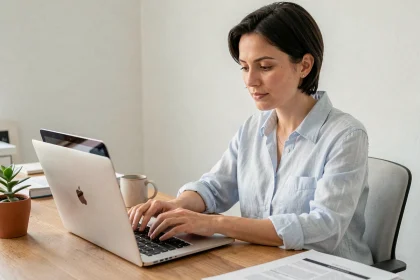 Femme utilisant un traitement de texte gratuit sur MacBook Pro dans un bureau à domicile moderne