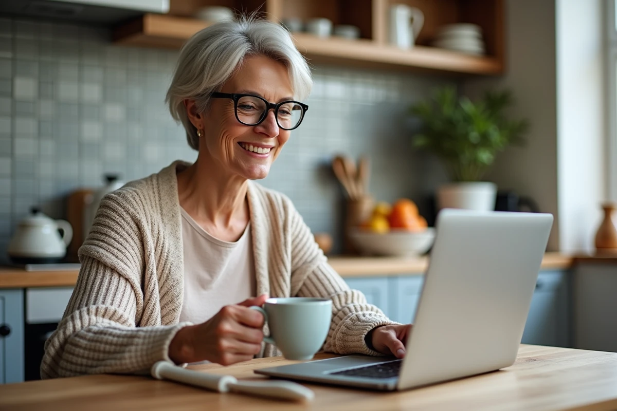 Femme souriante travaillant sur un ordinateur dans la cuisine