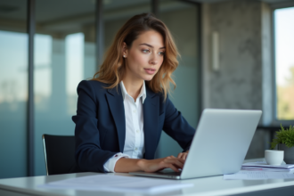 Jeune femme française au bureau travaillant sur son ordinateur