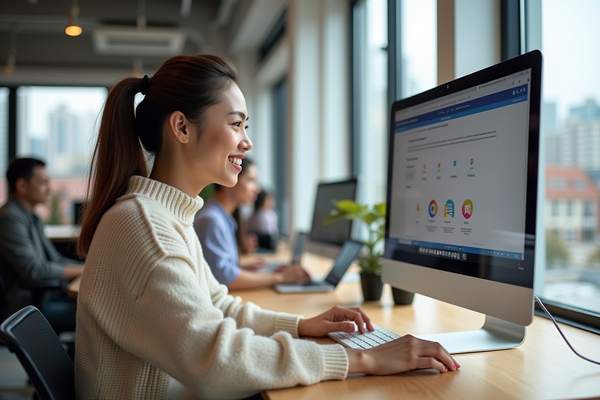 Jeune femme souriante convertissant un document sur un ordinateur en coworking