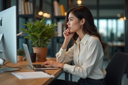 Jeune femme analyse tendances SEO sur ordinateur