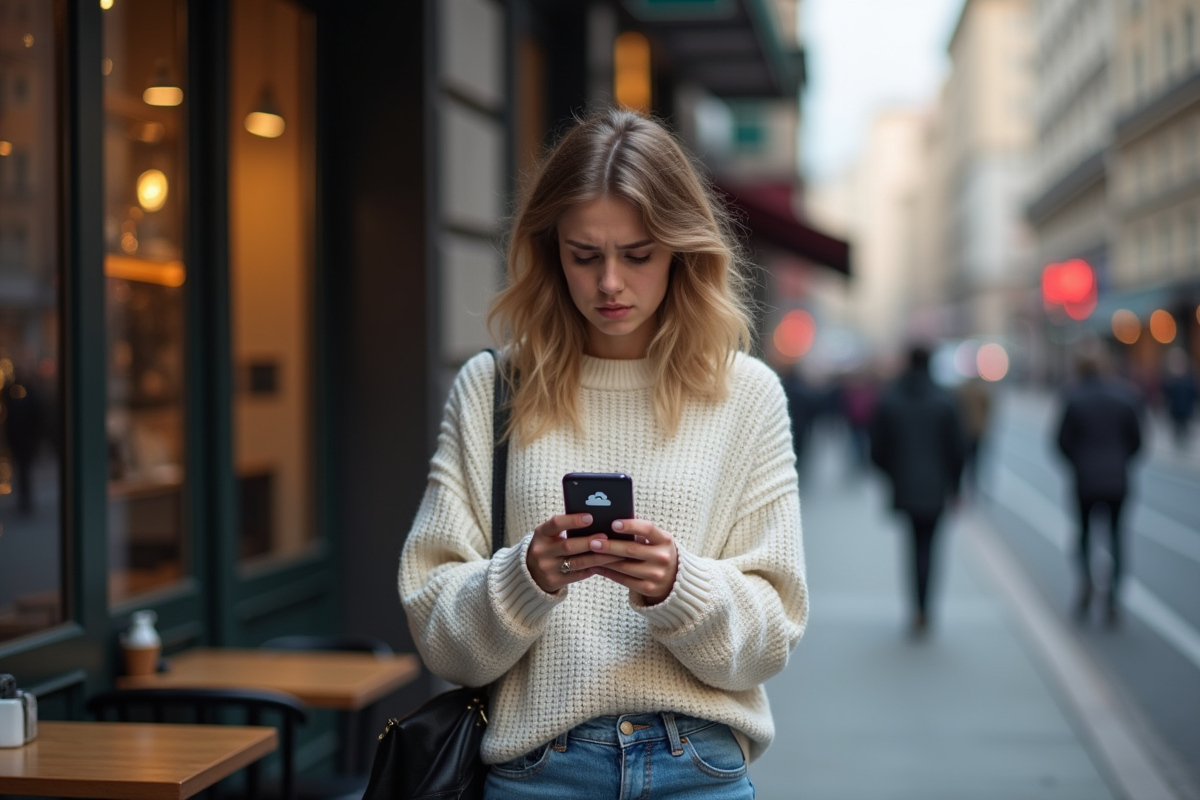Jeune femme urbaine vérifiant son smartphone avec erreur cloud