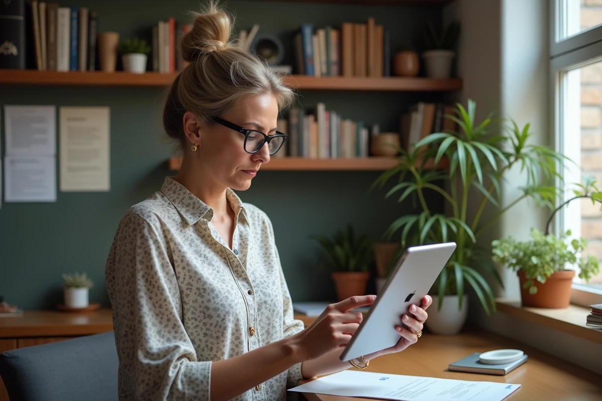 Femme vérifiant des fichiers musicaux sur sa tablette dans un bureau