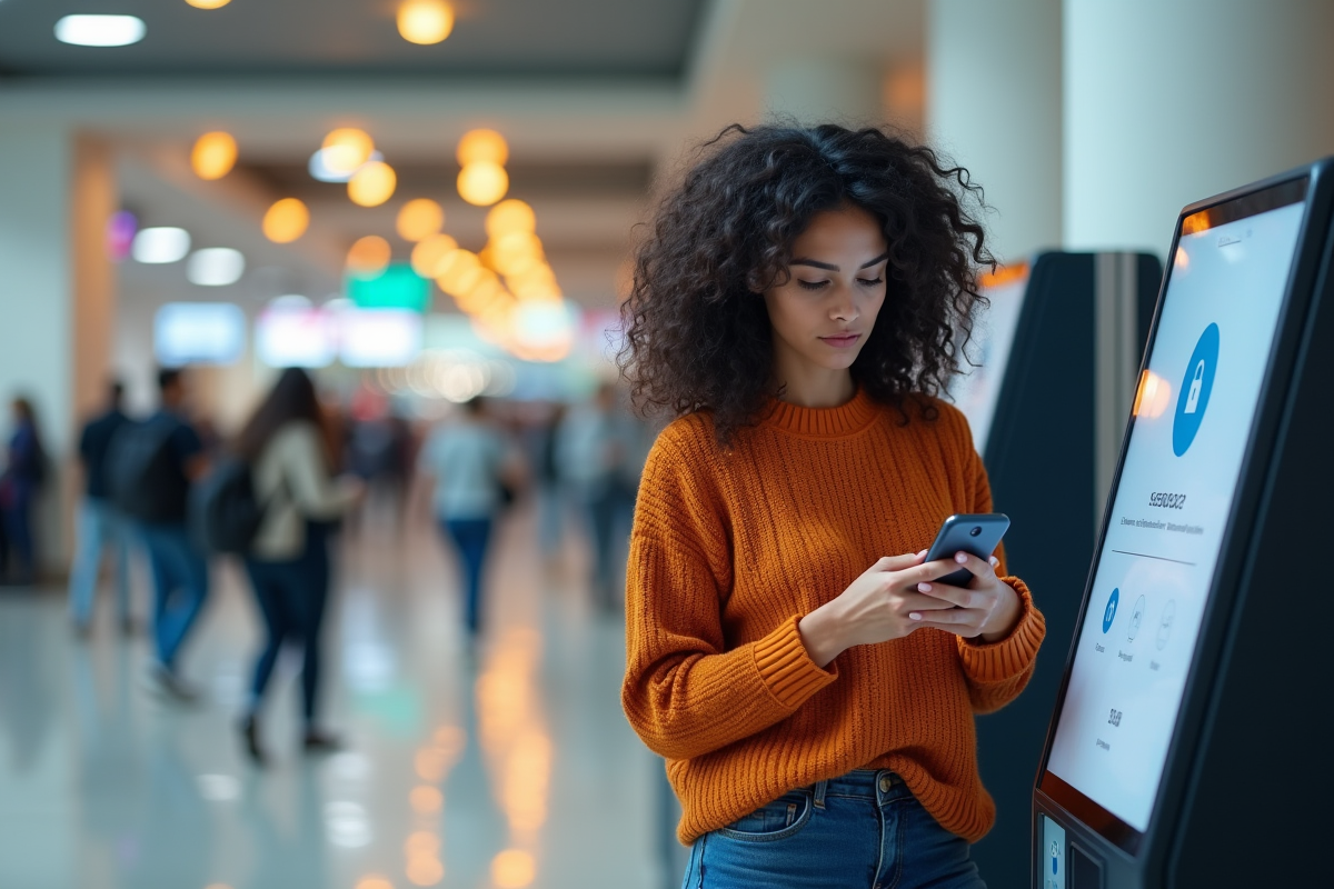 Femme utilisant un kiosk pour une verification de securite