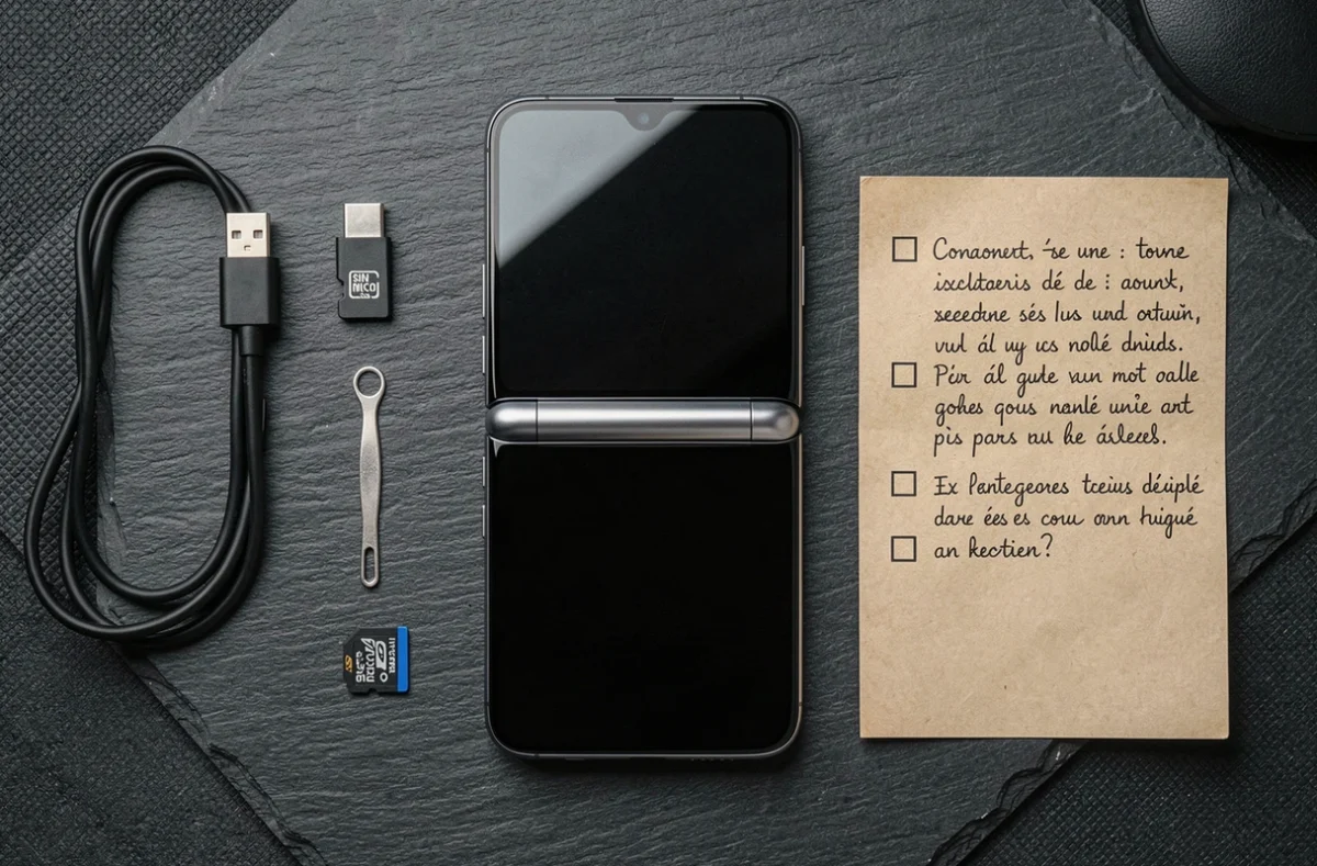 Vue à plat d'un Samsung Galaxy Z Flip 4 à écran noir entouré d'accessoires et d'une checklist de récupération de données sur surface ardoise