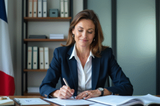 Une fonctionnaire française en bureau moderne lors de la revue d'un dossier