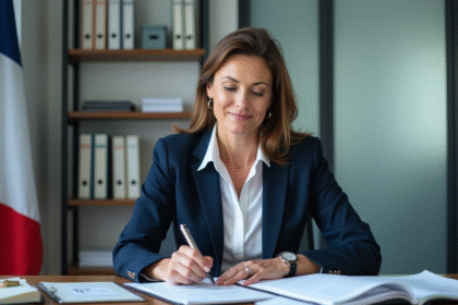 Une fonctionnaire française en bureau moderne lors de la revue d'un dossier