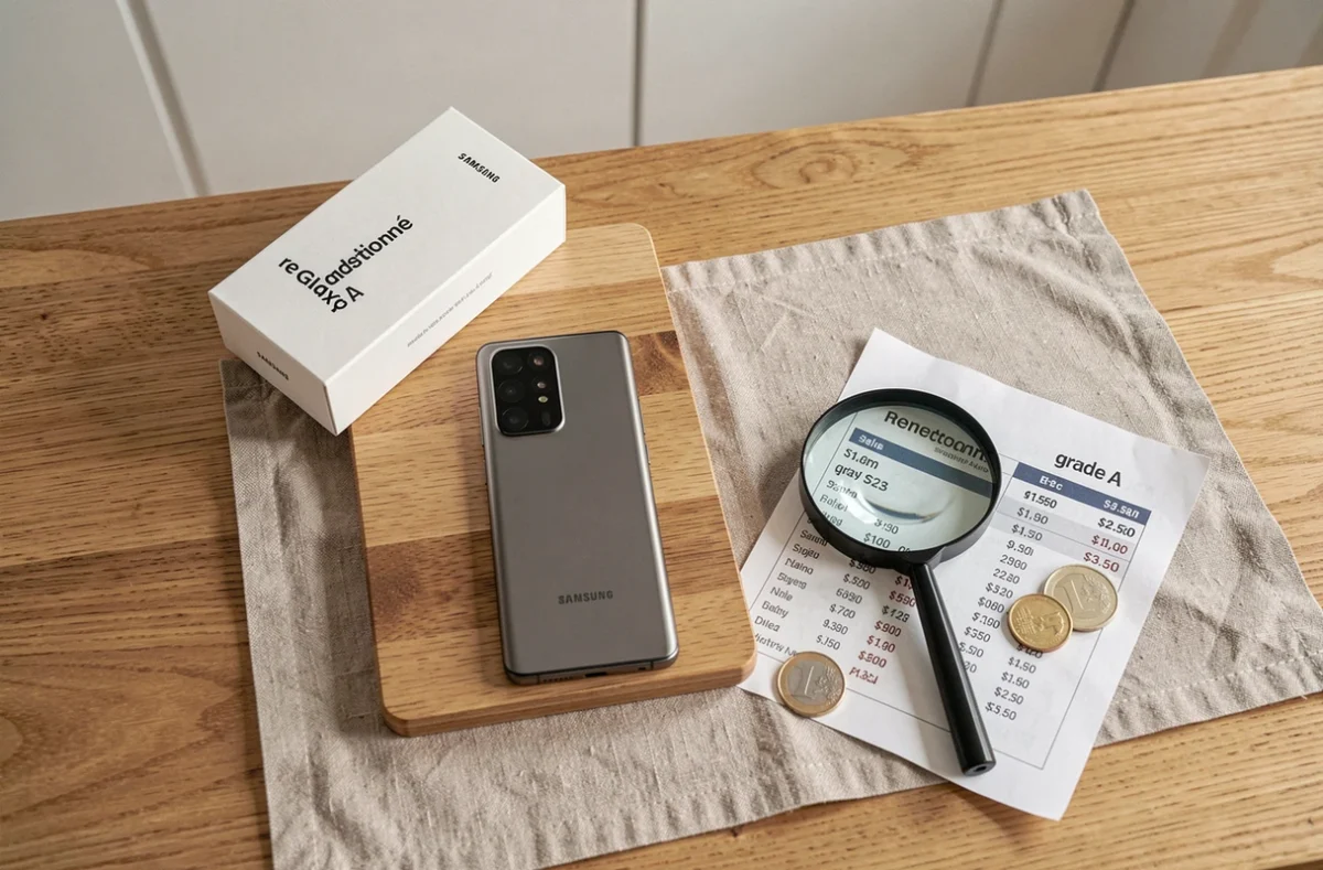 Samsung Galaxy S23 reconditionné posé sur une table avec comparatif de prix et pièces en euros