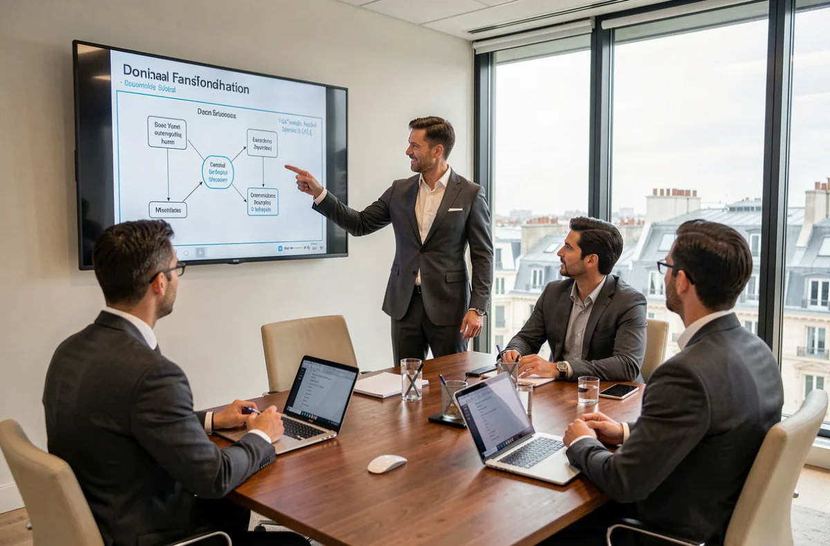 Consultant Globalis présentant une feuille de route de transformation numérique à une équipe dans une salle de réunion parisienne