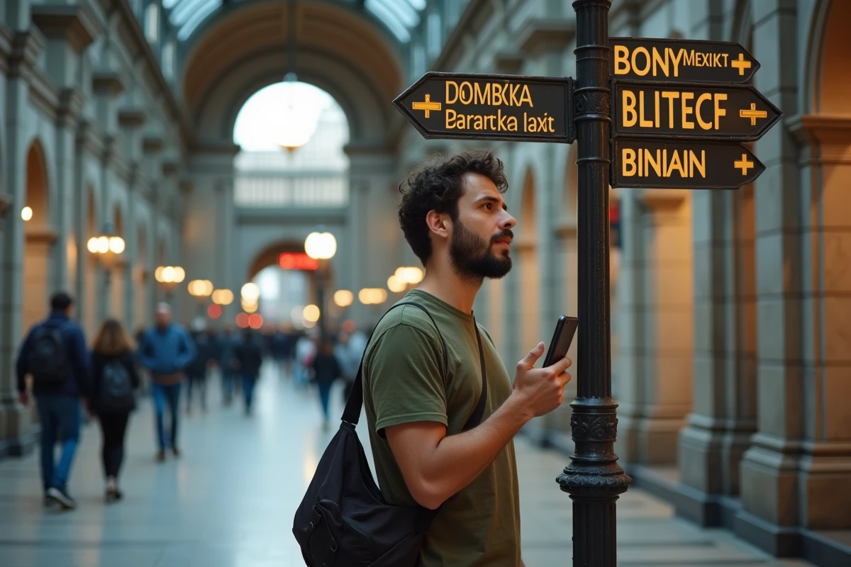 Homme utilisant Google Lens pour lire un panneau de signalisation multilingue dans une gare européenne