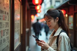 Voyageuse utilisant Google Lens pour traduire un menu japonais en temps réel dans une ruelle de Tokyo