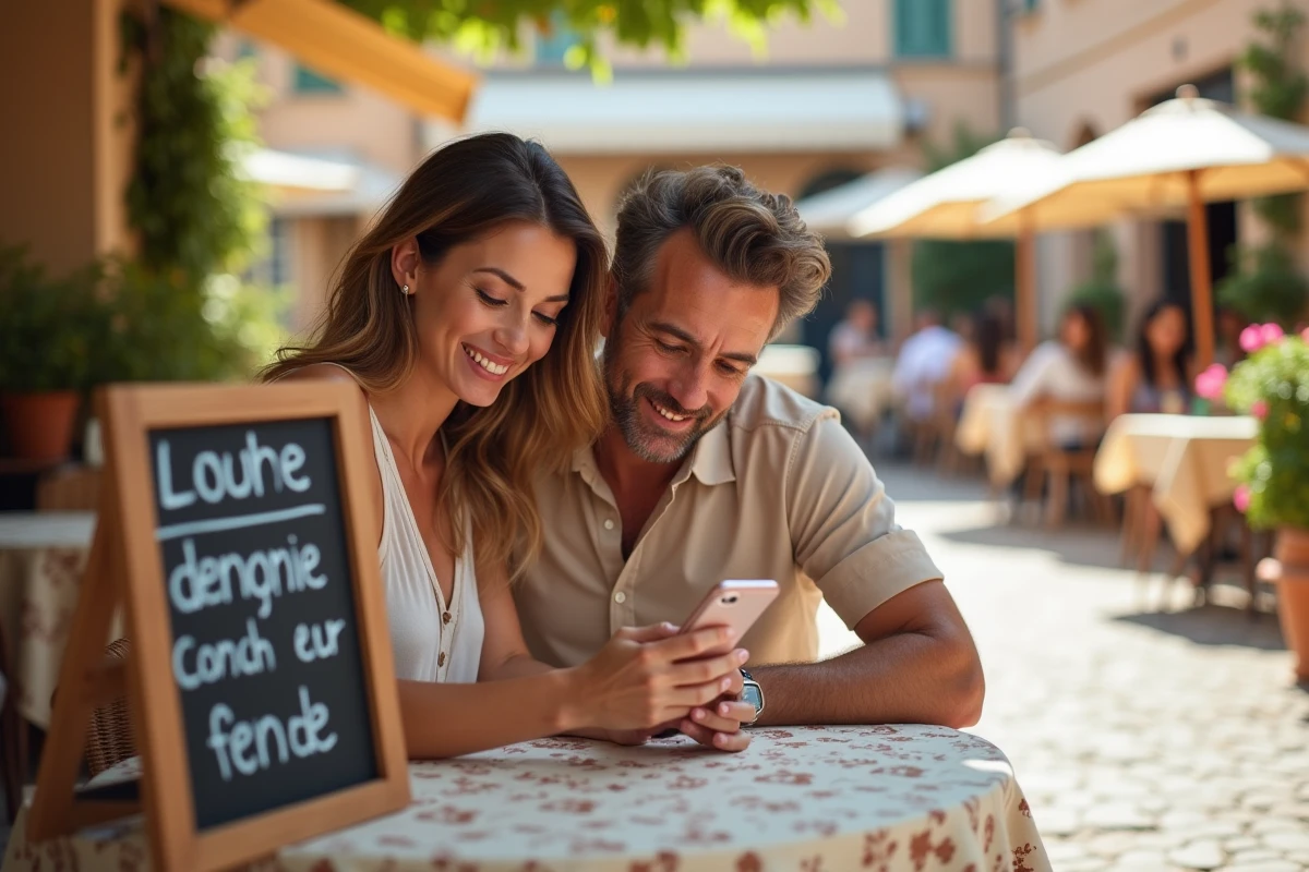 Deux amis voyageurs traduisant un menu de restaurant méditerranéen avec Google Lens en terrasse
