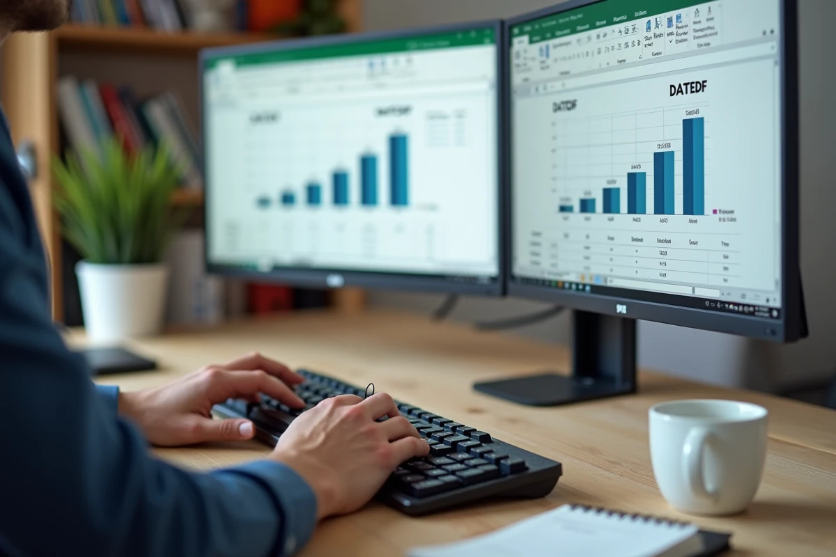 Gros plan sur des mains tapant une formule de calcul d'âge Excel sur un double écran de tableau de bord RH