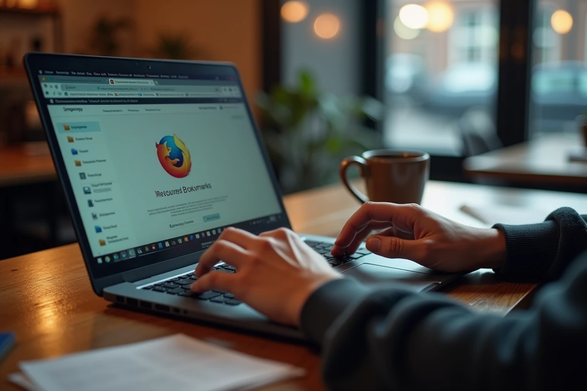 Gros plan sur des mains naviguant dans Firefox pour retrouver des marques pages après une mise à jour échouée