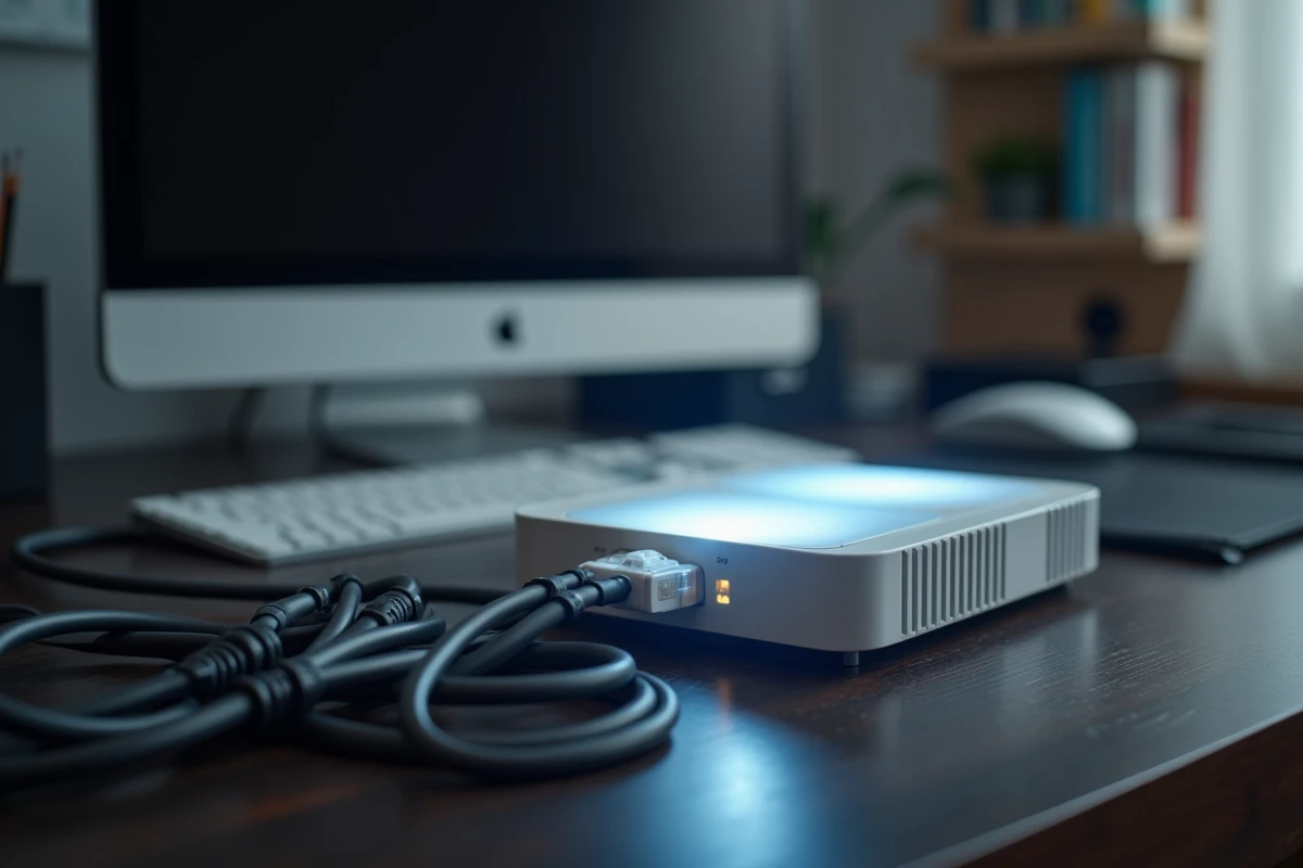 Gros plan sur le voyant blanc clignotant d'une box internet fibre posée sur un bureau de télétravail