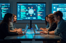 Groupe de jeunes en classe collaborant sur la cybersécurité
