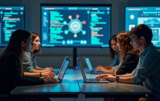 Groupe de jeunes en classe collaborant sur la cybersécurité